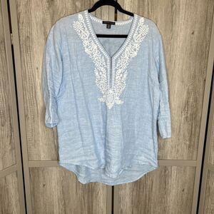 Saks Fifth Avenue Boho Linen Top Blue Color White Embroidery Bohemian Preppy S
